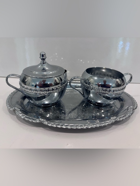 None Other - Vintage Silverplate Cream & Sugar Set with Ornate Serving Tray – Made in USA